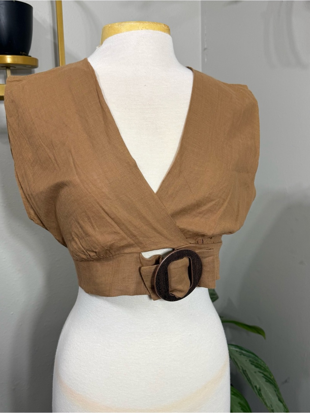 Zara Woman Brown Linen Look Wrap Crop Top M Open Back Buckle Boho